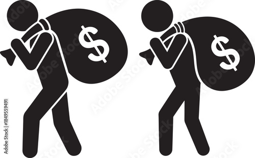 Silhouette of person carrying bag of money on shoulder steal