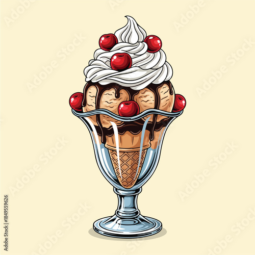 Delicious ice cream sundae with whipped cream and cherries 2.