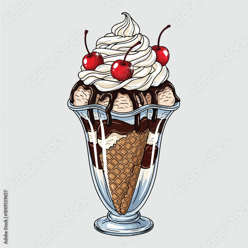 Delicious ice cream sundae with whipped cream and cherries.