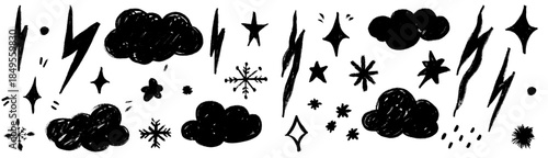 Hand drawn textures mixing star accents and cloud shapes with soft crayon strokes. Snowflake details add a crisp touch, blending cloud mist, star sparkle and crayon snowflake charm.