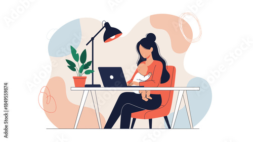 Working mother multitasking by holding her baby while working on a laptop at her desk, balancing career and family life.