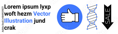 Branding, marketing, medical visuals, business promotions, education, research. A thumbs up icon, DNA strand and sale arrow. Marketing and medical visuals for science and promotions