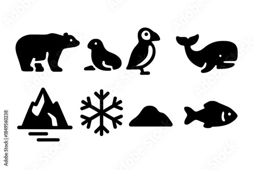 Polar Wildlife Icons. Polar wildlife. Filled icon set of Polar wildlife: polar bear, seal, puffin, whale,