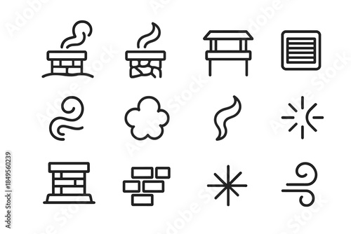 Iconic Chimney Elements. Snowy rooftop with chimney smoke – Chimney Details. Line outline icon set of Chimney