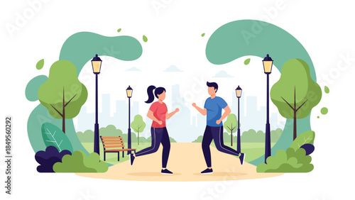 Healthy young couple jogging together on a path in a beautiful city park with lush greenery and a city skyline background.