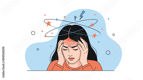 Young woman experiencing dizziness and a severe headache, holding her head with stars and lightning bolts circling around her.