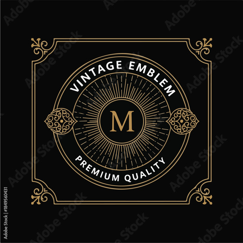 Elegant vintage emblem with letter M and premium quality text 1.