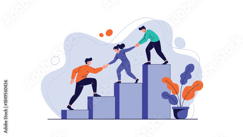 Team of colleagues helping each other climb up a series of block steps, symbolizing teamwork, support, and collaborative success.