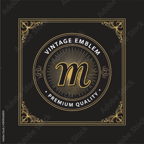 Elegant Vintage Emblem with Letter M and Premium Quality Text.