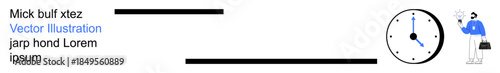 Time management, productivity, deadlines, business strategy, efficiency, workplace organization. Businessperson standing near a clock. Time management and productivity