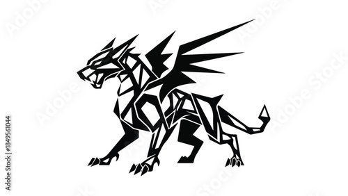 Geometric Winged Lion Roaring Black and White Illustration.