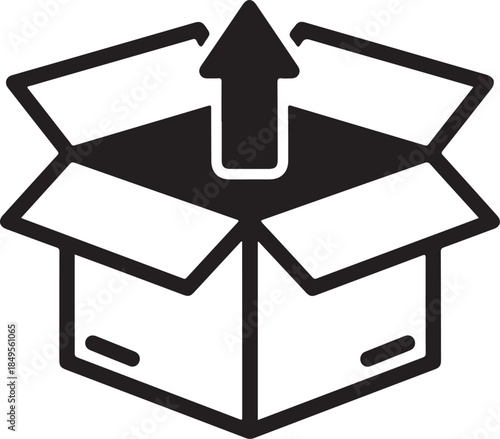 Open Cardboard Box with Arrow Up in Simple Flat Design in Black and White Color on Transparent Background for Packaging Illustration