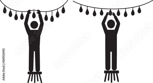 People silhouette decorates string lights decoration on stool