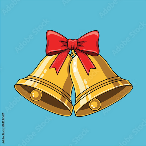 Golden Christmas Bells with Red Bow on Blue Background.