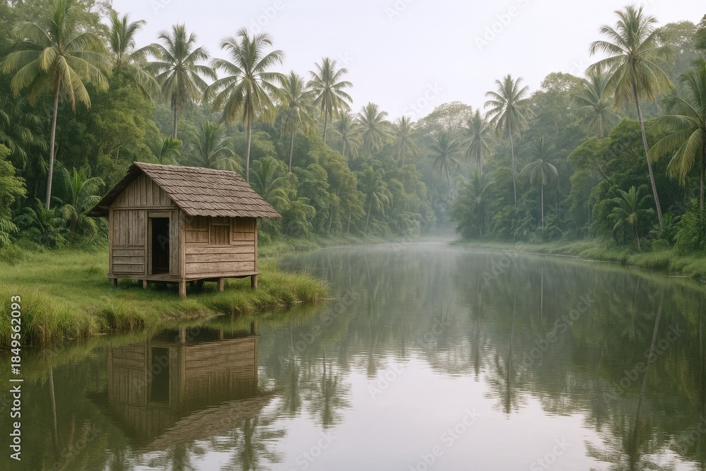 Fototapeta premium Idyllic Tropical Hut Retreat by Tranquil River Surrounded by Palm Trees and Lush Greenery