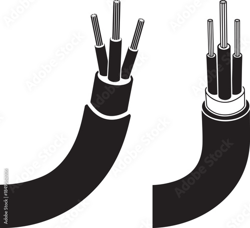 Black cable silhouette with copper wires isolated on white