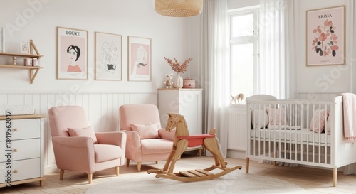 Scandinavian nursery with pink armchairs and crib