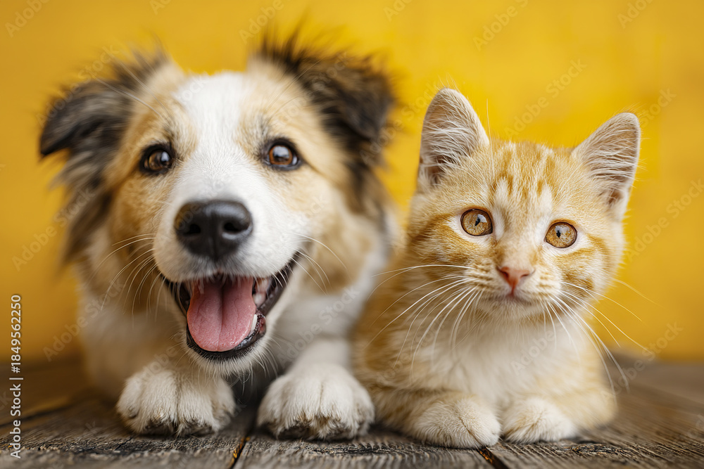 Obraz premium Smiling dog and curious kitten lying side by side on wooden floor with vibrant yellow background, showing friendly and warm expression in cozy setting