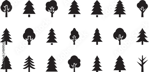 Title: Minimalist tree icon set, simple black silhouette of forest trees geometric nature symbols flat vector elements for ui design environment and ecology concepts isolated on white