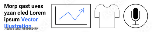 Business growth, e-commerce, fashion branding, audio media, marketing strategies, communication design. Chart with arrow, microphone and t-shirt. Business growth and e-commerce illustration