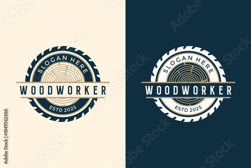 Professional Woodworker Emblem - Circular Saw Blade and Tree Rings Logo