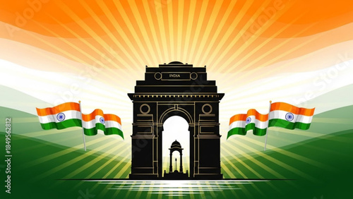 India Gate Monument with Flags Waving, Indian Independence Day Celebration, National Pride and Symbolism