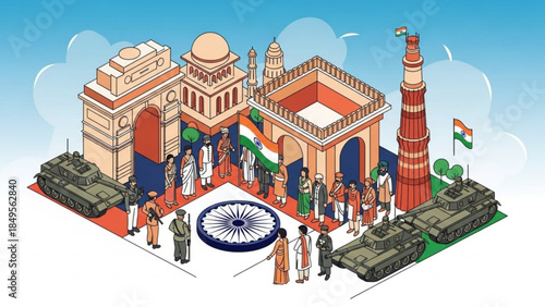 Vibrant Indian Independence Day Celebration Scene with Landmarks and Military Tanks in Harmony