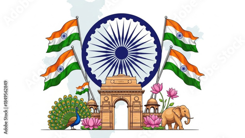 Indian National Symbols and Landmarks Illustration with Flags, Peacock, Elephant, and Flowers