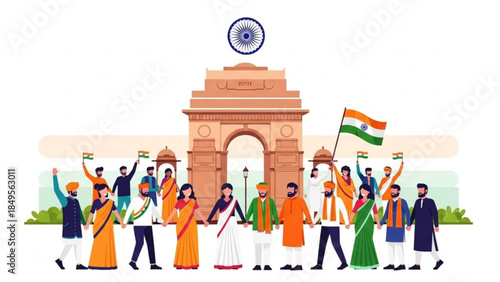 Celebrating India Independence Day with Joyful People and National Flags at Iconic Gateway Arch Monument