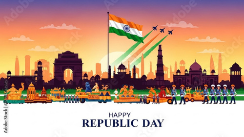 Vibrant Indian Republic Day Celebration Scene with Flag, Parade, and Iconic Landmarks in Orange, White, Green