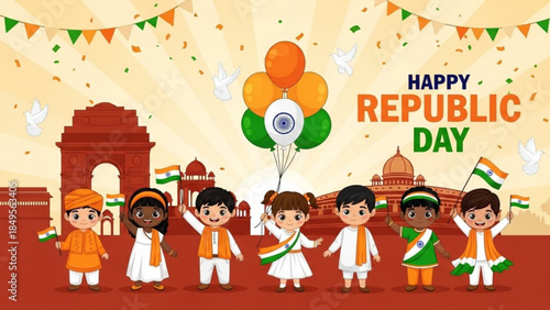 Vibrant Indian Republic Day Celebration with Diverse Children and Landmarks