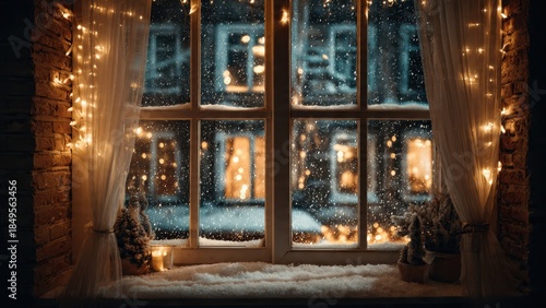 Wallpaper Mural Cozy Christmas Window View at Night with Heavy Snowfall Outside. Warm Interior Fairy Lights, Sheer Curtains, Candle, and Snowy Window Sill Holiday Decoration. Torontodigital.ca