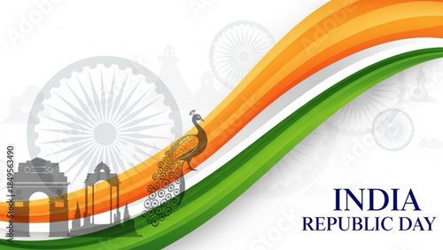Vibrant India Republic Day Celebrations with Peacock, Gateway, and Tricolor Flag Waves