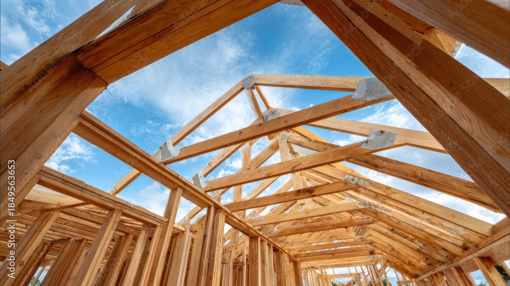 Fototapeta premium Wooden House Framing Construction with Blue Sky: Structural Engineering and Residential Building Concept