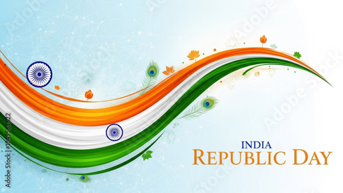 Vibrant India Republic Day Celebrations with Tricolor Waves and Peacock Feathers Background