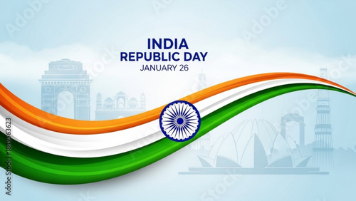 Vibrant India Republic Day Celebration Background with Tricolor Flag and Iconic Landmarks