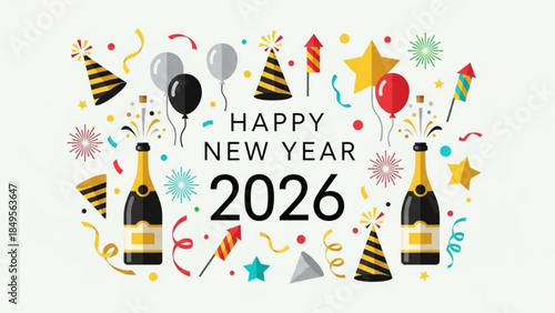 Vibrant New Year 2026 Celebration Scene with Champagne, Balloons, and Confetti Decorations