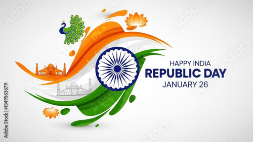 Vibrant India Republic Day Celebrations with Peacock, Taj Mahal, and Ashoka Chakra on January 26th Anniversary