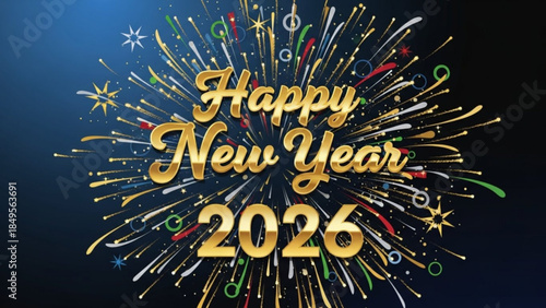 Colorful Happy New Year 2026 Celebration Background with Sparkling Fireworks and Glittering Gold Text