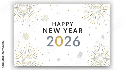 Happy New Year 2026 Celebration Card with Fireworks and Sparklers on White Background