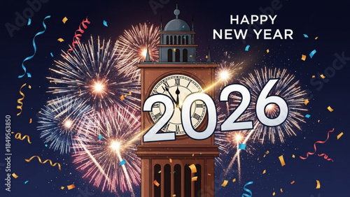 New Year 2026 Fireworks Clock Tower Celebration Nighttime Scene with Confetti and Happy Wishes