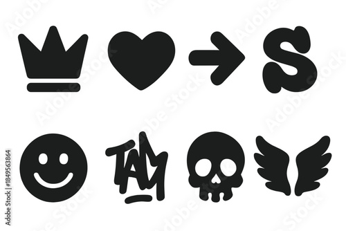 Street Art Icons. Street art symbols. Filled icon set of street art symbols: crown, heart, arrow, bubble