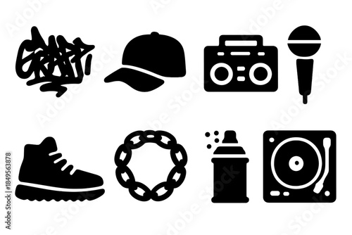 Hip-Hop Icon Set. Hip-hop culture. Filled icon set of hip-hop culture: graffiti tag, cap, boombox, microphone,