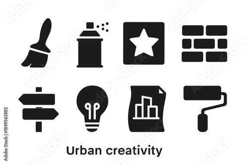 Urban Creativity Icons. Urban creativity. Filled icon set of urban creativity: paint brush, spray can, stencil
