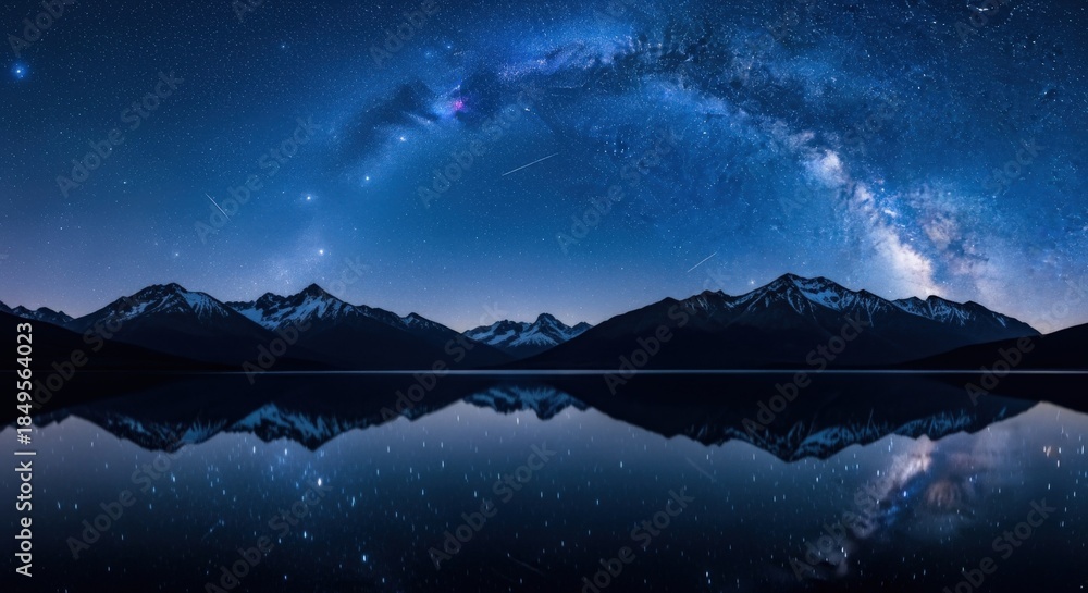 Obraz premium Milky Way Galaxy Reflected in Still Lake Waters with Mountain Silhouette in the Background, Night Sky