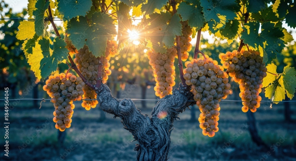Fototapeta premium Sunlit Vineyard Grapes: Close-up of Ripe Bunches Ready for Harvest in Agricultural Landscape