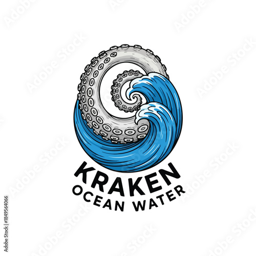 Kraken Ocean Water logo with a kraken tentacle and ocean wave.