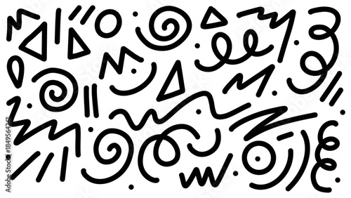 Black squiggly lines, abstract squiggles in childish doodle style. Hand drawn various shapes, strokes, swirl. Freeform set on white background. Trendy drawing for children party celebration monochrome