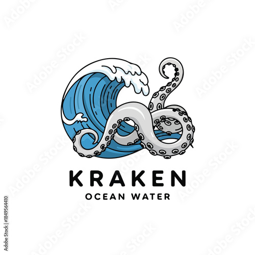 Kraken Ocean Water Logo with Tentacles and Wave.