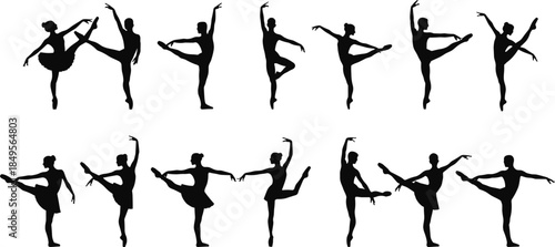 Ballet dancer silhouette vector, classical dance poses, elegant movement illustration, graceful posture artwork, performing arts design, female flexibility expression